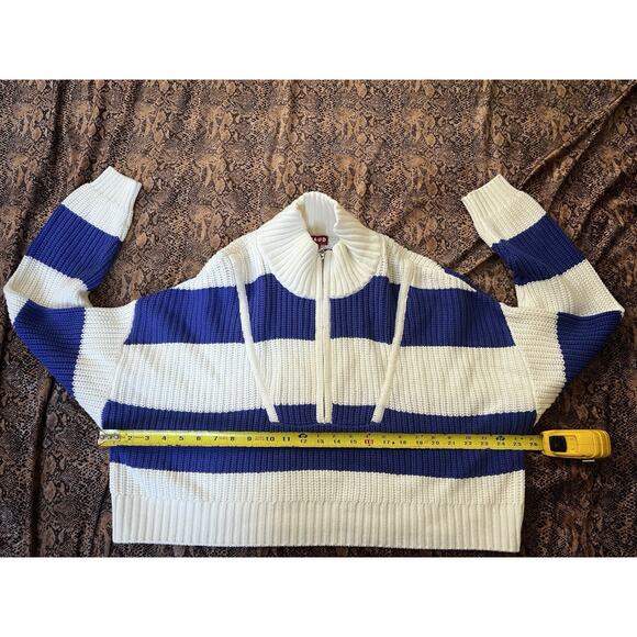 STAUDE Blue White Striped Quarter Zip Ribbed Cotton Blend Sweater Oversized M - Picture 5 of 7